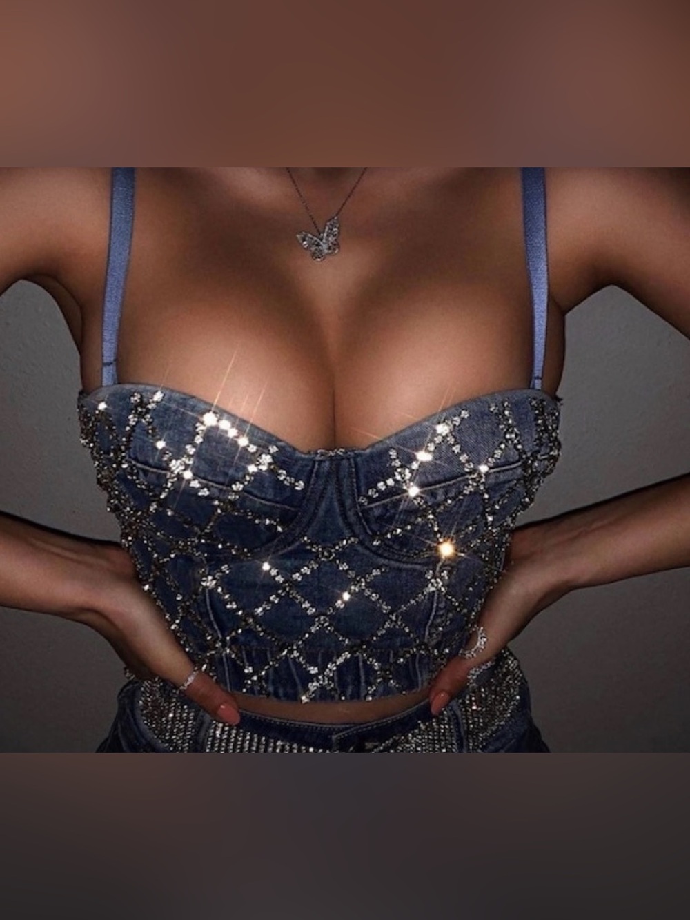 Embellished Denim Bustier Top